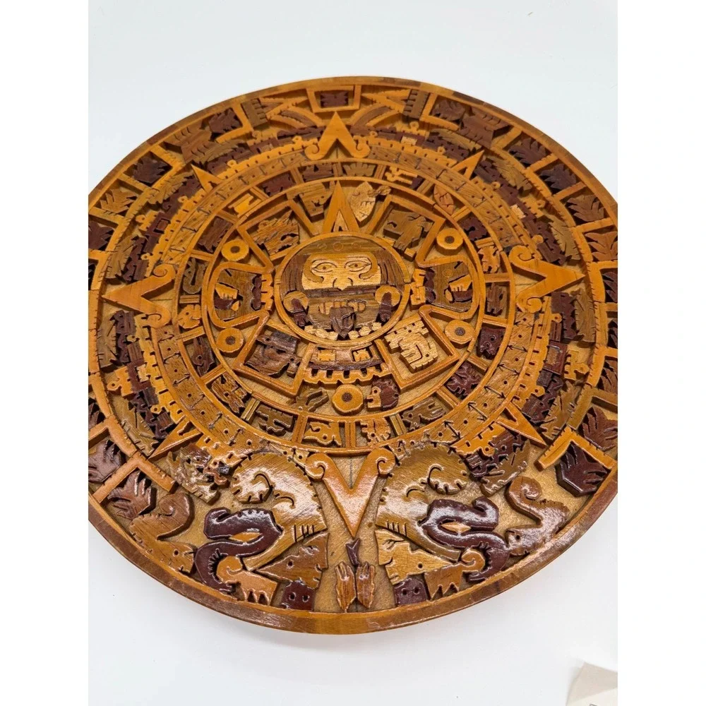 Handcrafted Aztec Sun Stone Wood Inlay Calendar Wall Art Mexico 11.5